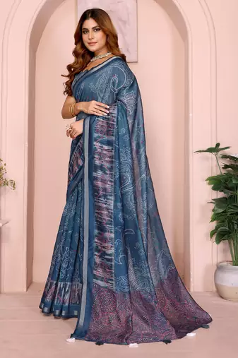 teal printed art silk designer pallu chanderi saree