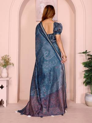 teal printed art silk designer pallu chanderi saree 3