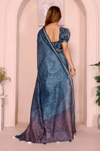 teal printed art silk designer pallu chanderi saree