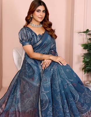 teal printed art silk designer pallu chanderi saree 4