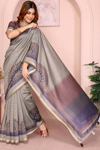 grey printed art silk designer pallu chanderi saree