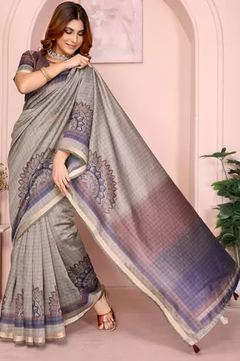 grey printed art silk designer pallu chanderi saree