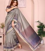 grey printed art silk designer pallu chanderi saree