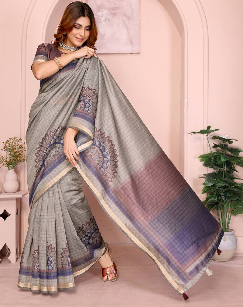grey printed art silk designer pallu chanderi saree