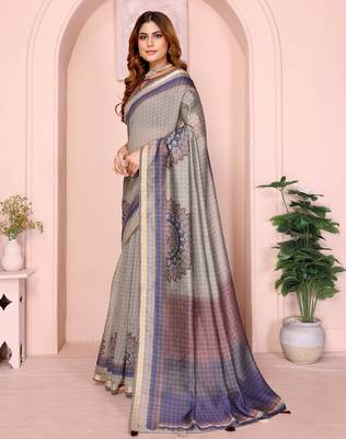 grey printed art silk designer pallu chanderi saree 2