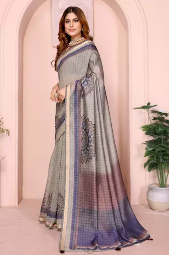 grey printed art silk designer pallu chanderi saree