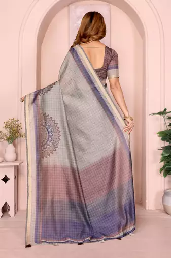 grey printed art silk designer pallu chanderi saree