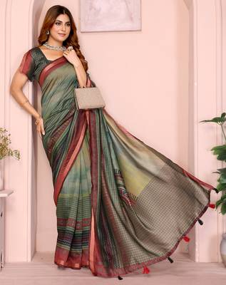green printed art silk designer pallu chanderi saree 1
