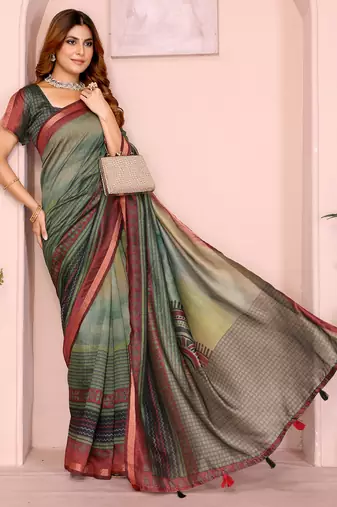 green printed art silk designer pallu chanderi saree