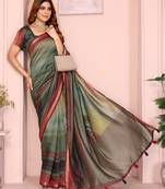 green printed art silk designer pallu chanderi saree