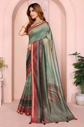 green printed art silk designer pallu chanderi saree