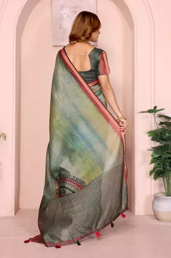 green printed art silk designer pallu chanderi saree