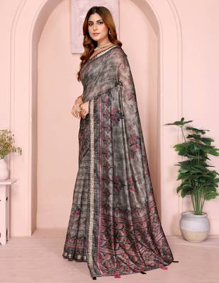 grey printed art silk designer pallu chanderi saree 2