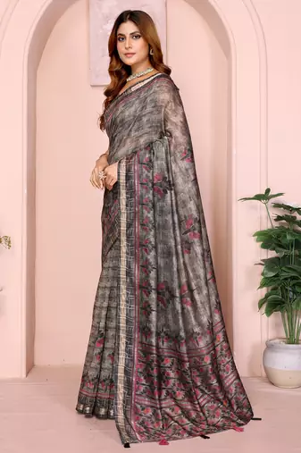 grey printed art silk designer pallu chanderi saree