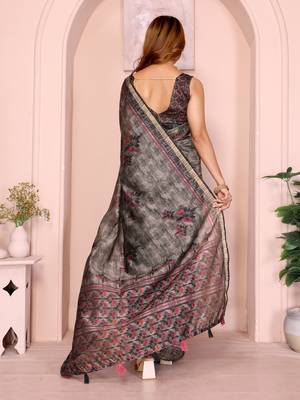 grey printed art silk designer pallu chanderi saree 3