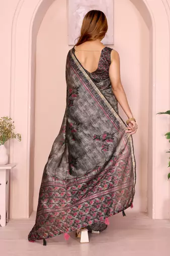 grey printed art silk designer pallu chanderi saree