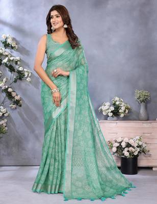 rama green printed  designer pallu linen saree 1