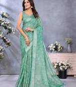 rama green printed  designer pallu linen saree