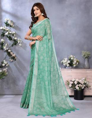 rama green printed  designer pallu linen saree 2