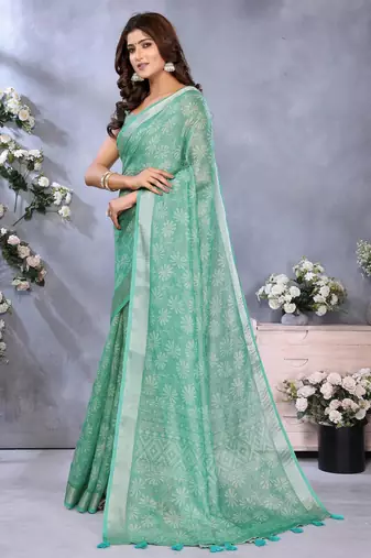 rama green printed  designer pallu linen saree
