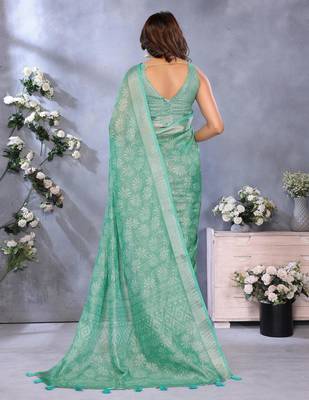 rama green printed  designer pallu linen saree 3