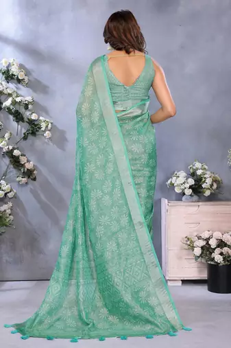 rama green printed  designer pallu linen saree