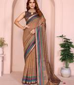 brown printed art silk designer pallu chanderi saree