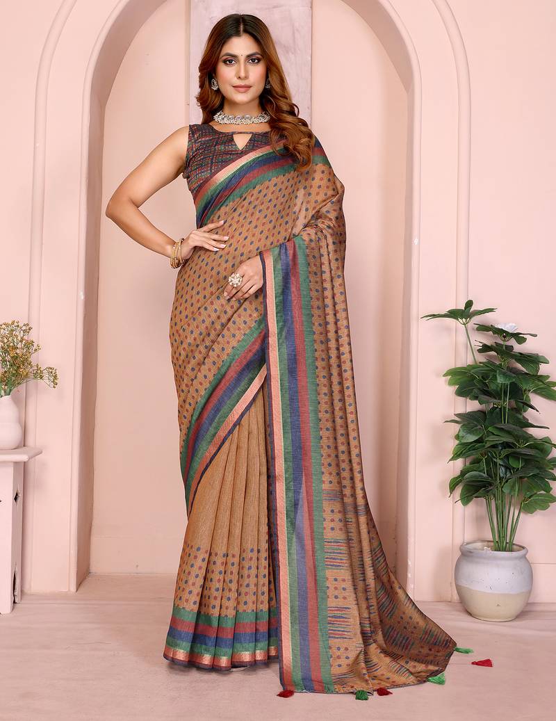 brown printed art silk designer pallu chanderi saree