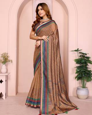 brown printed art silk designer pallu chanderi saree 2
