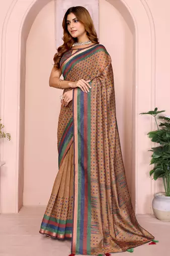 brown printed art silk designer pallu chanderi saree