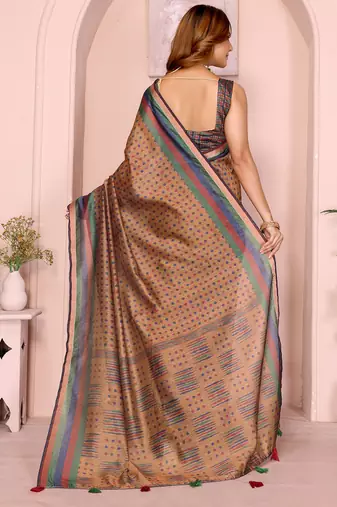 brown printed art silk designer pallu chanderi saree