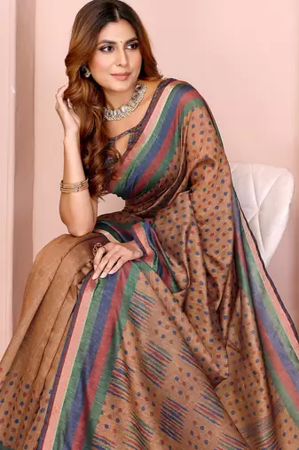 brown printed art silk designer pallu chanderi saree