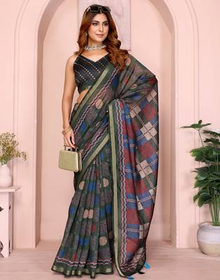 green printed art silk designer pallu chanderi saree 1
