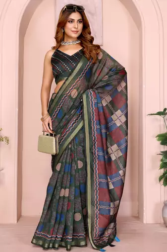 green printed art silk designer pallu chanderi saree