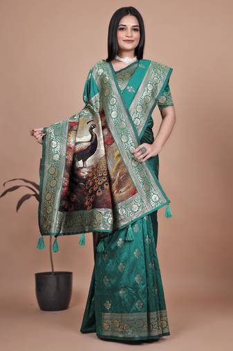 rama green woven  designer pallu banarasi art silk saree