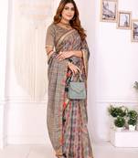 grey printed art silk designer pallu chanderi saree