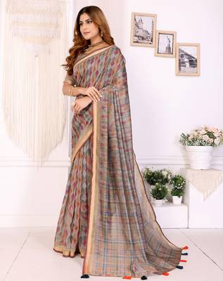 grey printed art silk designer pallu chanderi saree 2