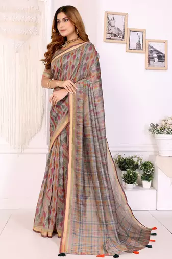 grey printed art silk designer pallu chanderi saree