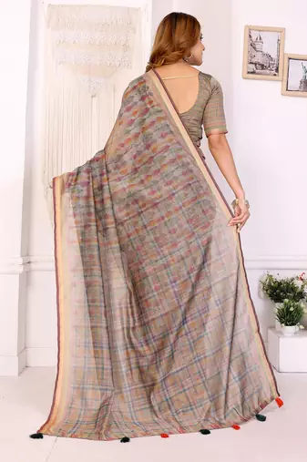 grey printed art silk designer pallu chanderi saree