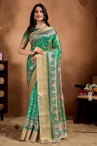 rama green printed art silk designer pallu saree