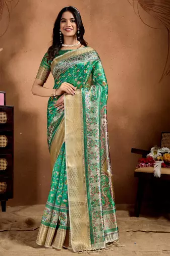 rama green printed art silk designer pallu saree