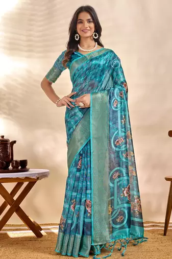 rama green printed art silk designer pallu saree