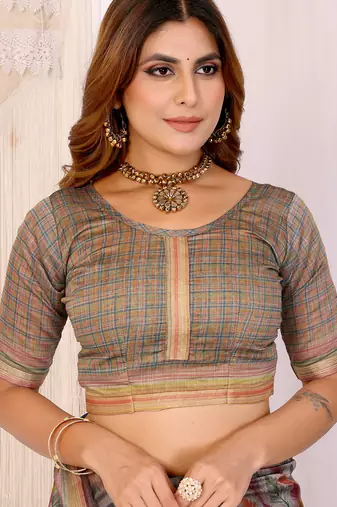 grey printed art silk designer pallu chanderi saree