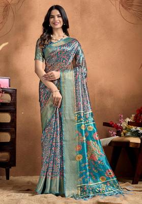 rama green printed art silk designer pallu saree 1