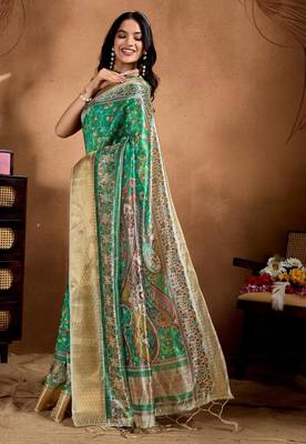 rama green printed art silk designer pallu saree 2