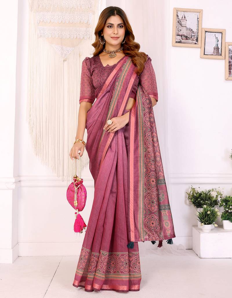pink printed art silk designer pallu chanderi saree