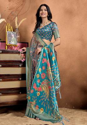 rama green printed art silk designer pallu saree 2