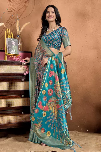 rama green printed art silk designer pallu saree