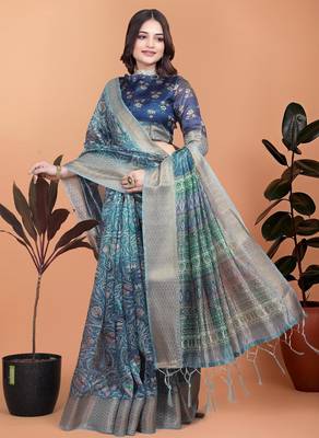 rama green printed art silk designer pallu saree 2