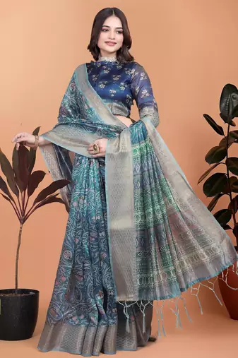 rama green printed art silk designer pallu saree